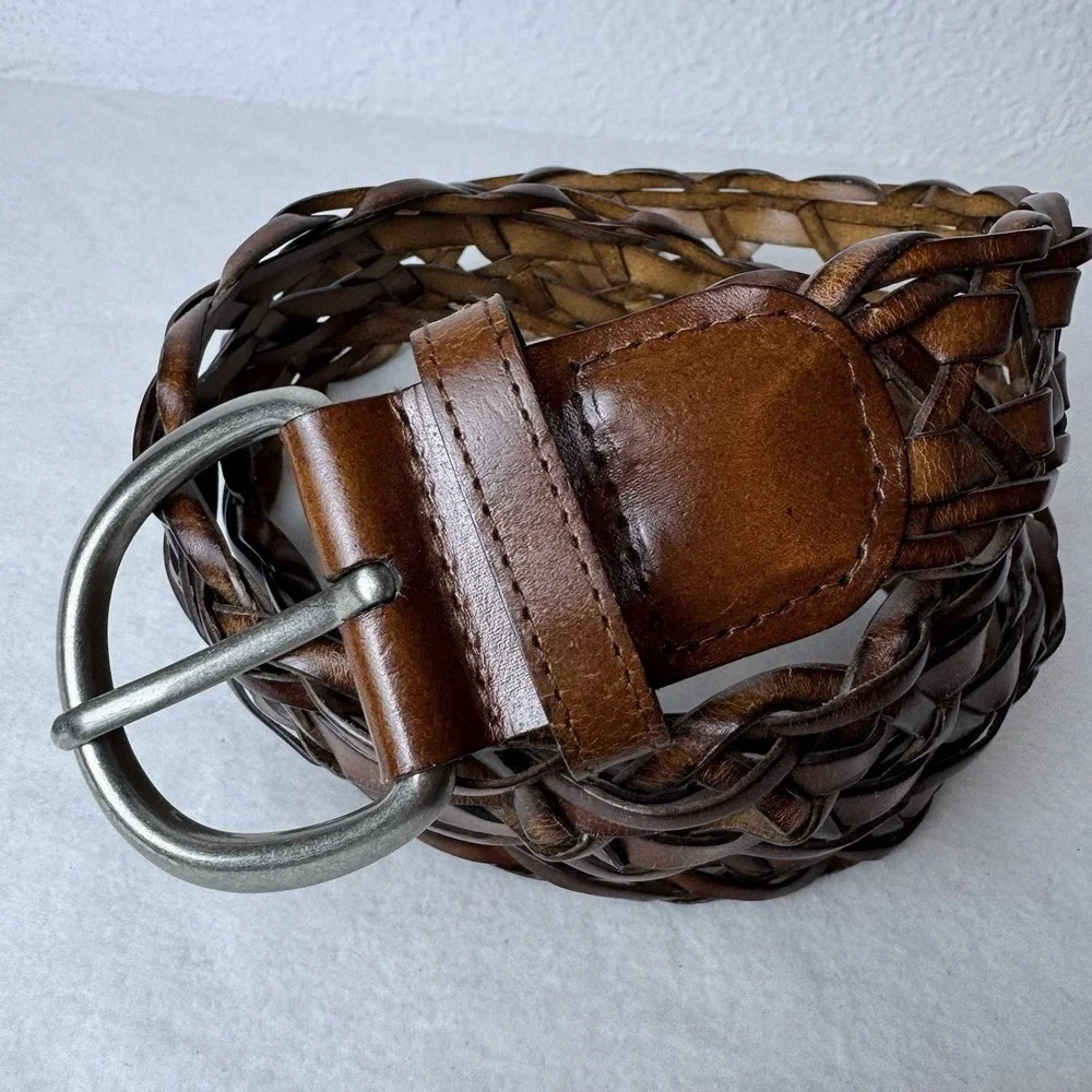 Vintage Faded Glory Woven Leather Belt 2X Silver Tine Buckle Brown Bohemian Y2K